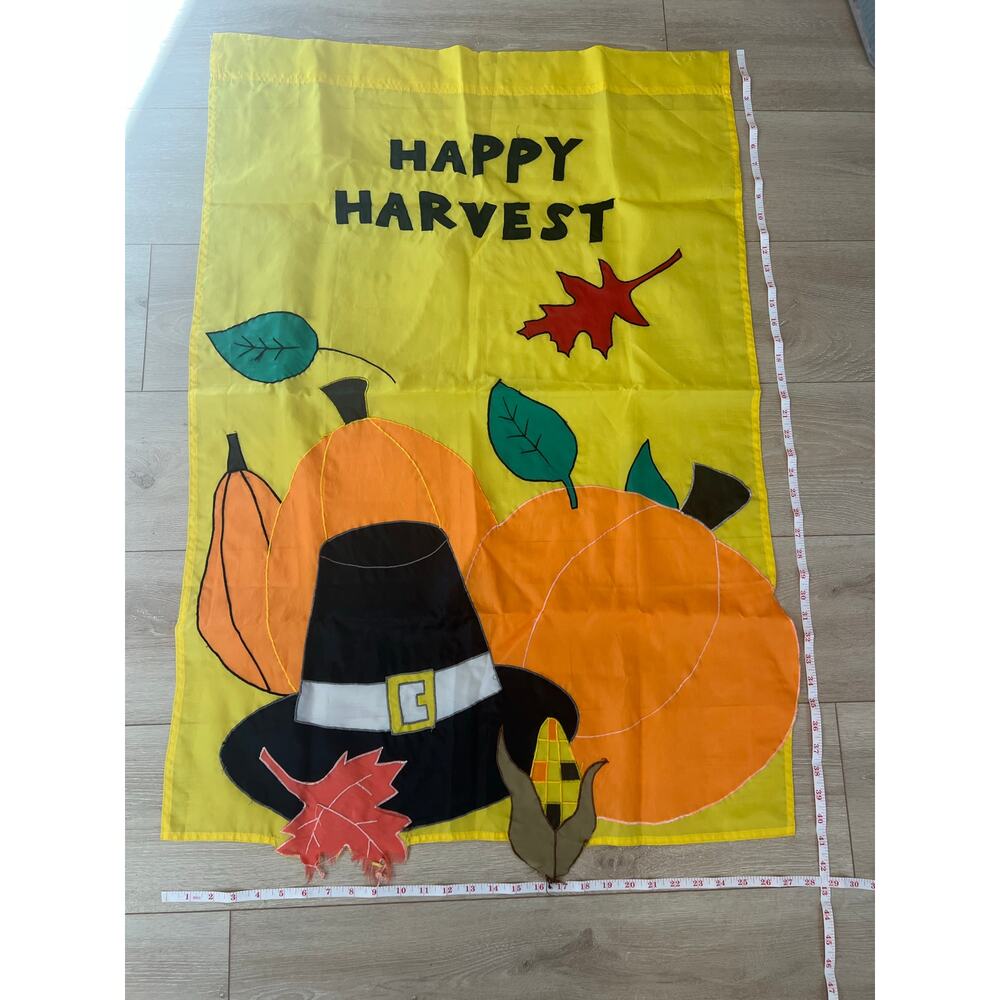 Vintage Outdoor Porch Flag Thanksgiving Pilgrim Hat Happy Harvest Autumn JL